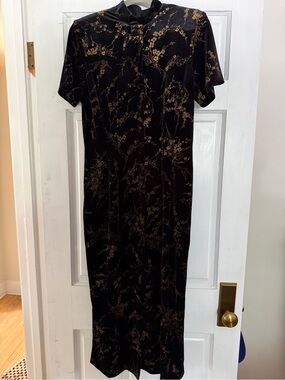 90s Black and Gold Velvet Maxi Dress- Sakura Print